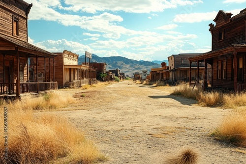 Fototapeta Naklejka Na Ścianę i Meble -  A dirt road in an old western town with vintage buildings and rustic charm