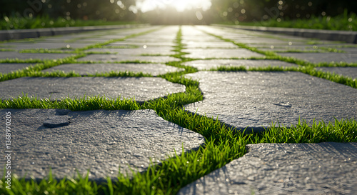 Sidewalk Cracks Filled with Grass Growing, a Natural and Urban Landscape Detail
