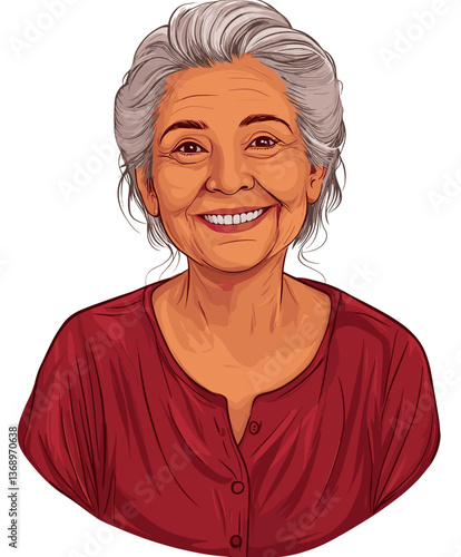 Cheerful elderly Latina woman smiling warmly with bright eyes in a cozy indoor setting