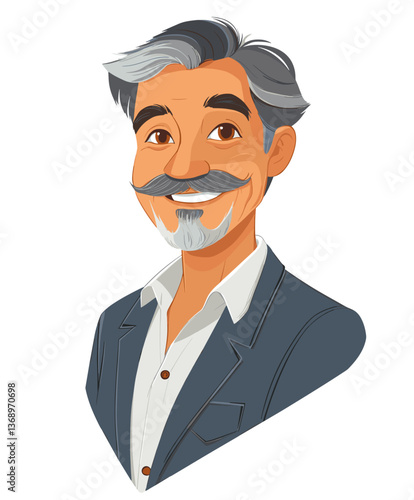 Stylish elderly Hispanic man with silver hair and a distinguished mustache wearing a blazer and smiling warmly