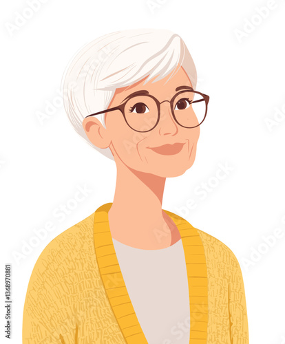 Friendly elderly woman with white hair wearing glasses and a yellow sweater shares a warm smile in a bright setting