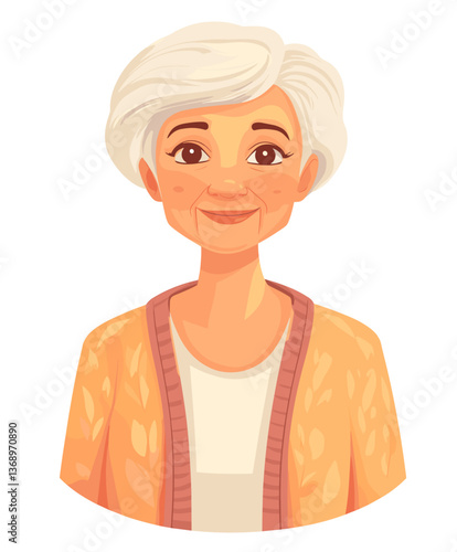 Elderly European woman with white hair smiles warmly while wearing a cozy orange cardigan in a bright, cheerful setting