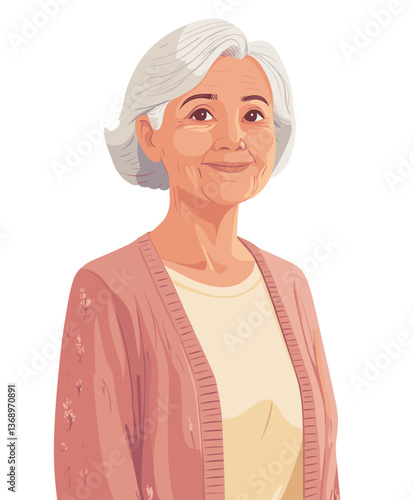 Elderly European woman with short white hair smiling warmly in a cozy setting