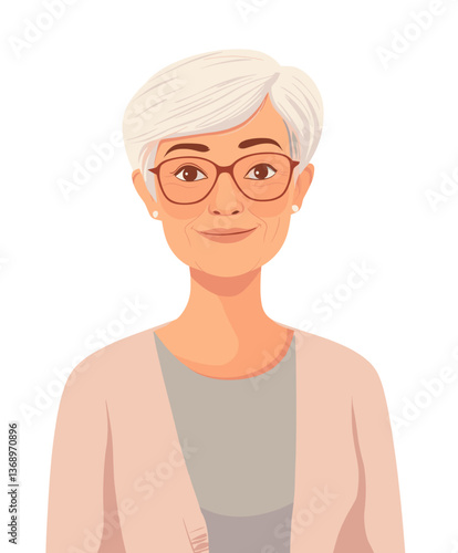 Elderly European woman with short white hair wearing glasses and a light sweater, smiling warmly