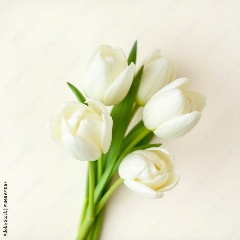 Obraz premium This close-up captures the serene beauty of white tulips, their delicate petals and fresh green stems arranged with simple elegance