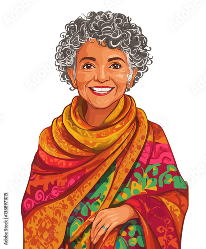 Happy elderly Latina woman with short curly hair wearing a colorful shawl smiles warmly in a vibrant outdoor setting during a sunny afternoon