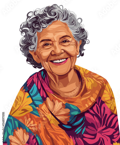 Happy elderly Latina woman smiling warmly while wrapped in a colorful floral shawl