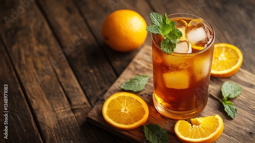 Glass of iced tea with fresh mint and orange slices on a rustic wooden board.