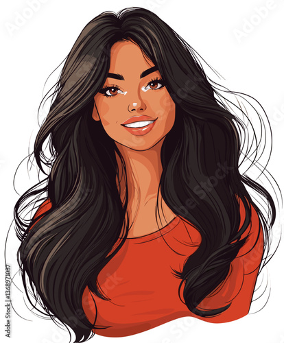 Friendly Latina woman with long wavy hair smiles warmly at a cozy cafe during a sunny afternoon gathering with friends