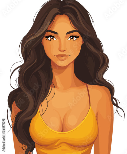 Friendly Latina woman with long wavy hair smiling in a bright yellow top indoors during a sunny afternoon