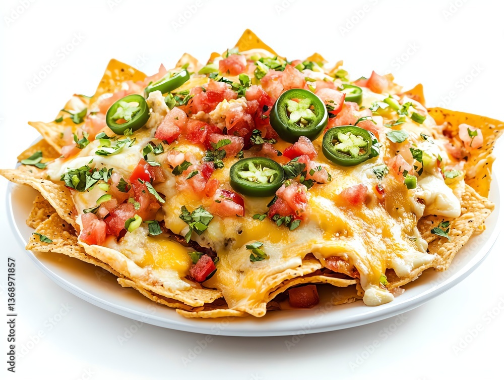 Delicious Cheesy Nachos Loaded with Toppings on a White Plate Delicious Cheesy Nachos Loaded with Toppings on a White Plate