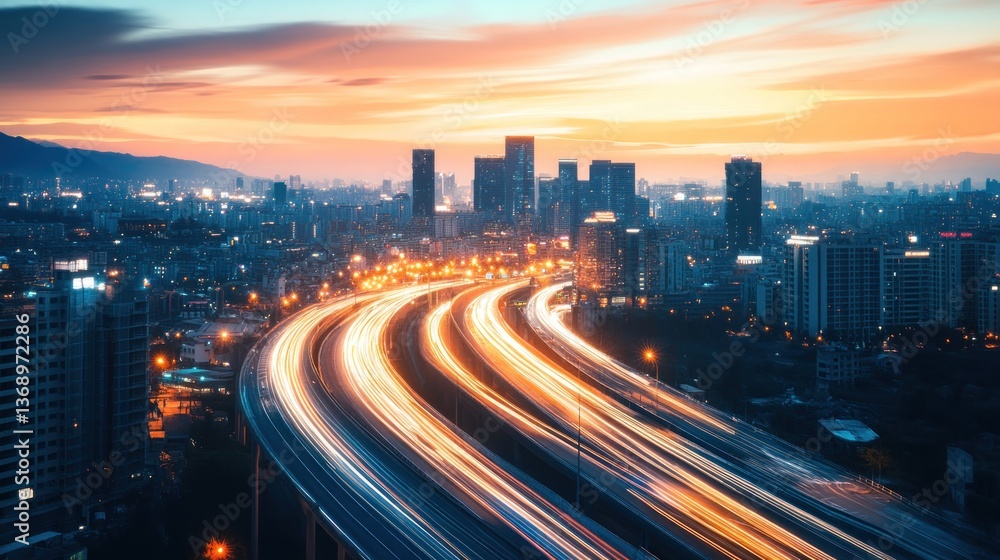 Urban Sunset, Cityscape at Twilight with Light Trails Urban Sunset, Cityscape at Twilight with Light Trails