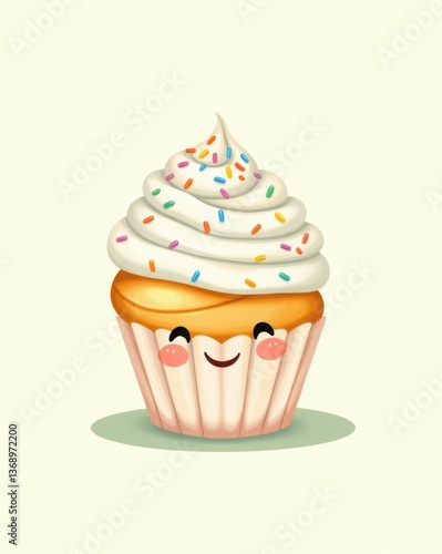 Wallpaper Mural Adorable animated cupcake with a smiling face and colorful sprinkles on top. Ideal for children's illustrations, cartoons, and fun educational materials. Torontodigital.ca