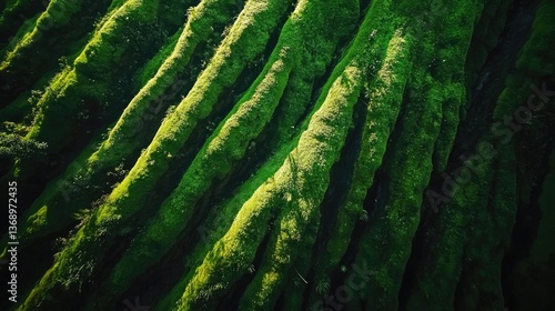 Vertical shot of thick layer of bright green moss covering tree bark