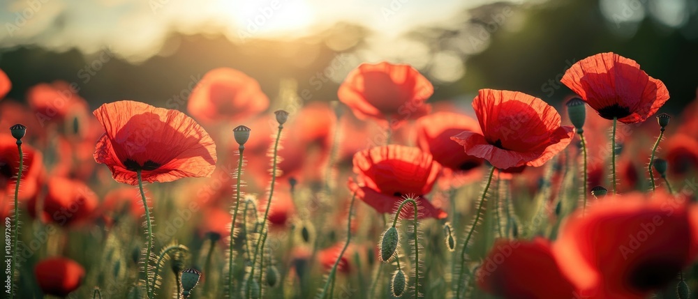 Obraz premium A beautiful field of red poppies with the sun setting in the background, ideal for use as a background or add to any nature-themed design