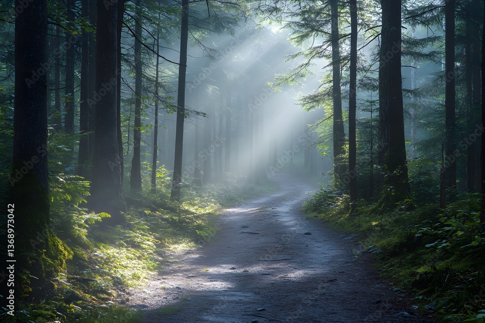 Fototapeta premium Mysterious forest path illuminated by soft sunlight on a foggy morning in a tranquil woodland setting
