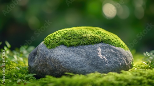 Vibrant green moss blanketing natural rocks in a serene forest setting