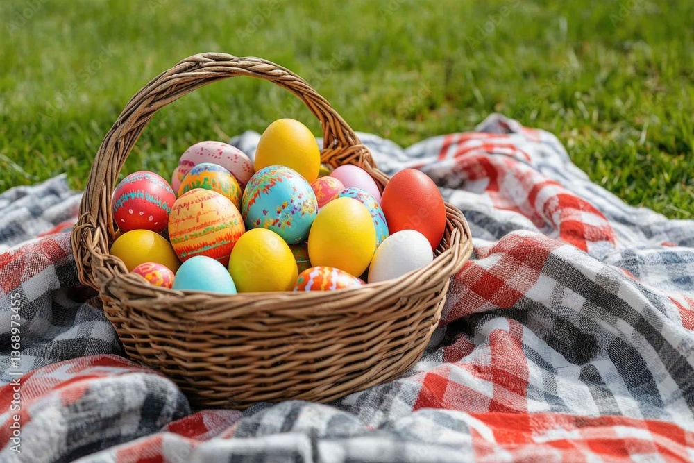 Naklejka premium Colorful Easter eggs arranged on a checkered blanket