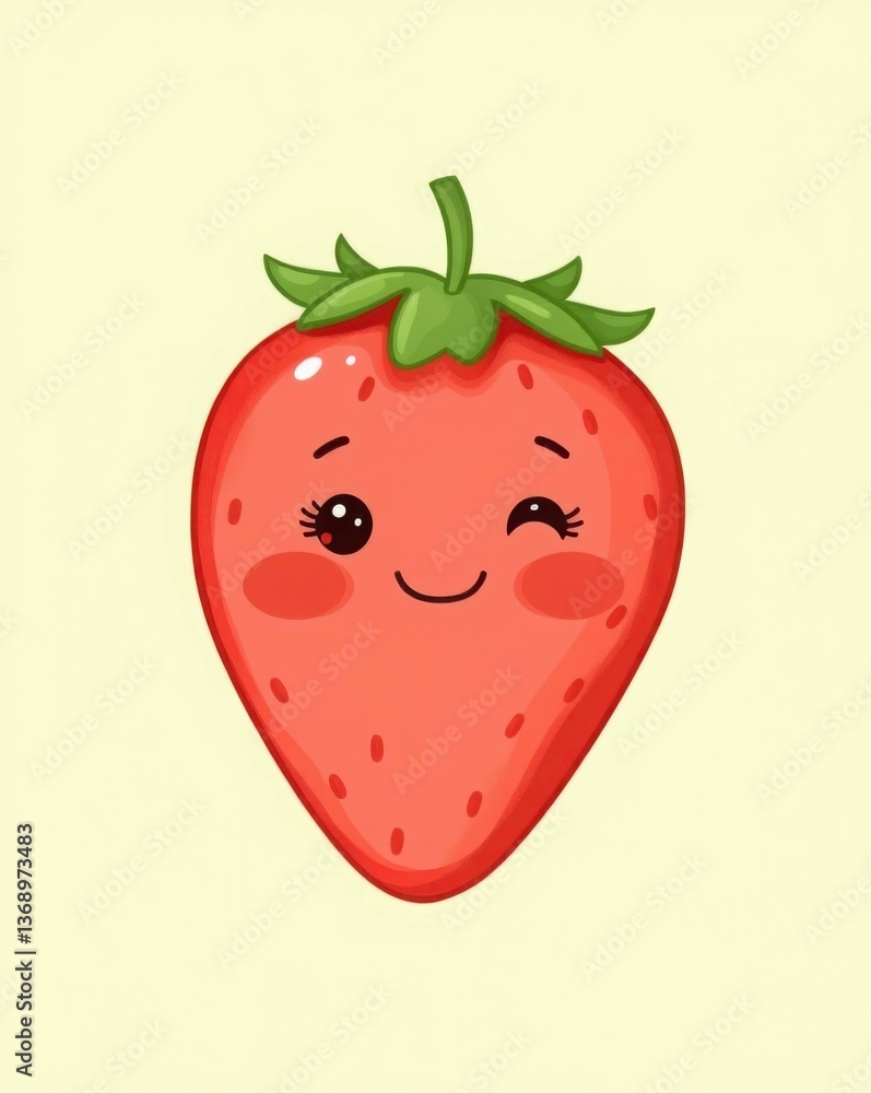 Obraz premium Adorable smiling strawberry character with big eyes on a pale background. Ideal for children's illustrations, cartoons, and educational materials. Perfect to add fun to any project!