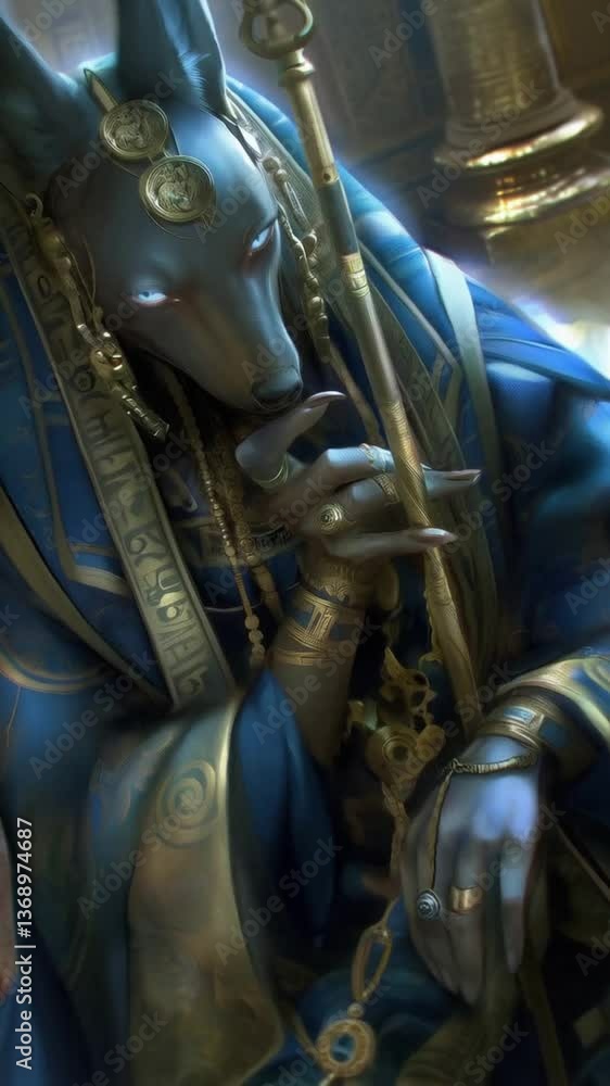 Anubis, the Egyptian deity of the afterlife, seated elegantly, holding a scepter, in a luxurious ancient environment Anubis, the Egyptian deity of the afterlife, seated elegantly, holding a scepter, in a luxurious ancient environment