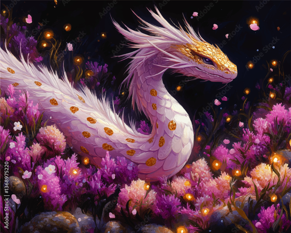Enchanting fantasy illustration of majestic white and gold serpent dragon in magical blooming garden surrounded by vibrant pink flowers and glowing golden fireflies Enchanting fantasy illustration of majestic white and gold serpent dragon in magical blooming garden surrounded by vibrant pink flowers and glowing golden fireflies