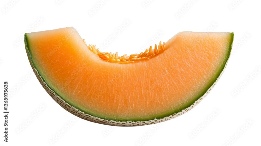 Freshly cut slice of cantaloupe melon on a plain white background with no shadows. Freshly cut slice of cantaloupe melon on a plain white background with no shadows.
