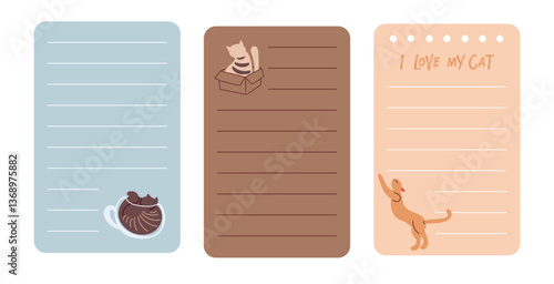 Notepad pages for cat lovers.Template for notepad page set. Pages with lines for text. Copy space. Lined page with cute cats for notes, shopping list, and groceries. Colored flat Vector illustration