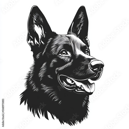 Detailed vector silhouette of a German Shepherd dog head in side view, showcasing pointed ears, defined muzzle, and intelligent expression. Bold black shape on clean white background, perfect for logo