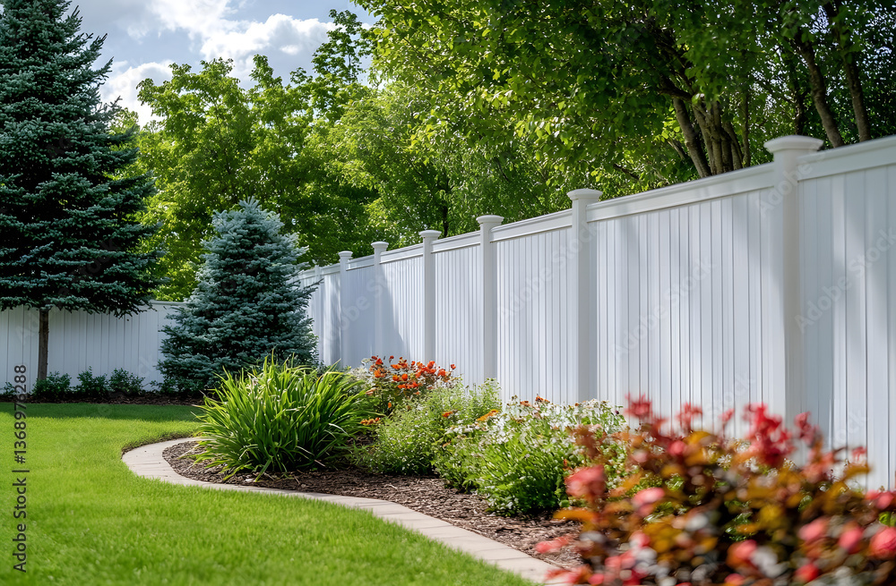 custom made wallpaper toronto digitalWhite vinyl fence installation wraps backyard. Exterior home property barrier ensures privacy, security. Boundary landscaping hard-wearing, modern, stylish for residential garden, protection,