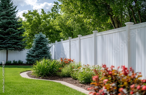 Wallpaper Mural White vinyl fence installation wraps backyard. Exterior home property barrier ensures privacy, security. Boundary landscaping hard-wearing, modern, stylish for residential garden, protection, Torontodigital.ca