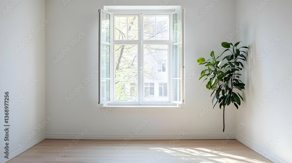Fototapeta premium Empty White Room With Window And Plant