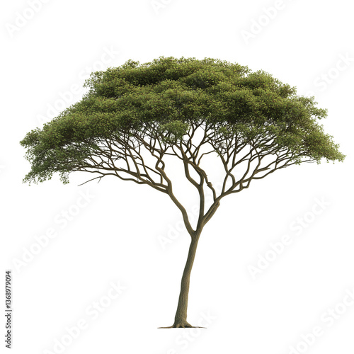 Isolated umbrella-shaped acacia tree with delicate branching and dense green canopy standing against a transparent background, often found in African savannas and dry landscapes