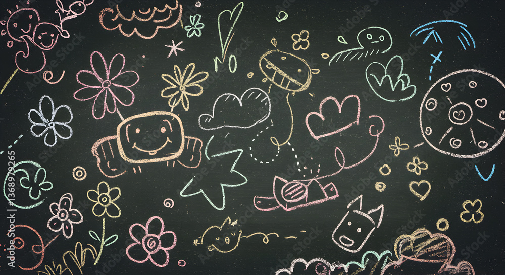 Whimsical Chalk Pastel Doodles on Blackboard Background Creating a Playful Atmosphere Whimsical Chalk Pastel Doodles on Blackboard Background Creating a Playful Atmosphere