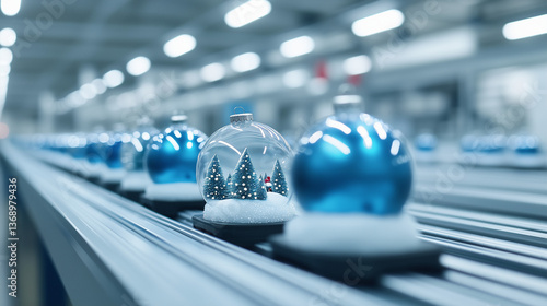 Blue Christmas snow globes on modern factory conveyor belt representing festive industrial production and holiday decoration manufacturing during seasonal winter period