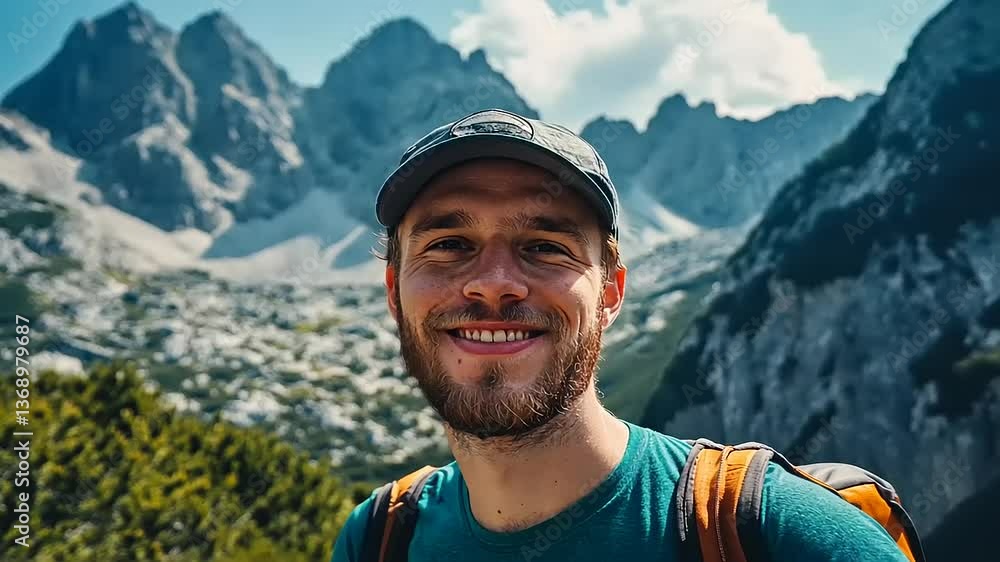 Smiling hiker with a scenic mountain backdrop, showcasing nature's beauty and adventure spirit Smiling hiker with a scenic mountain backdrop, showcasing nature's beauty and adventure spirit