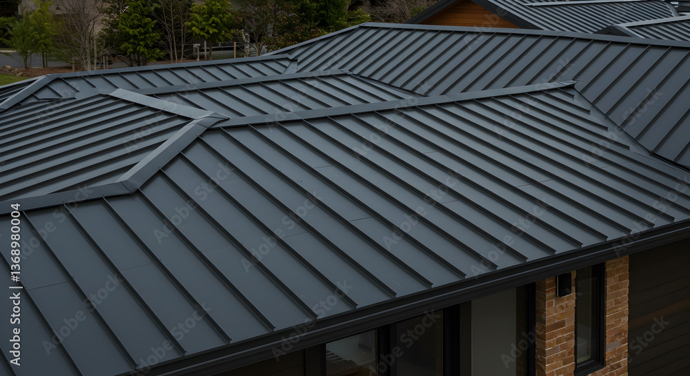 Obraz premium Architectural detail of charcoal gray standing seam roof modern residence