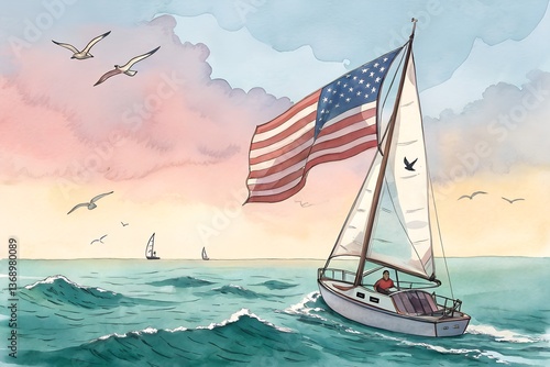 A sailboat with an american flag in the open sea