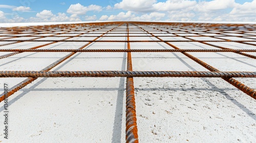 Industrial view of a reinforced concrete slab with steel mesh reinforcement grid, high-detail engineering focus