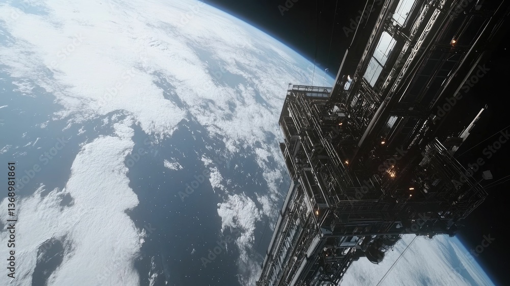 Obraz premium Spacecraft orbiting Earth, clouds, and dark void.