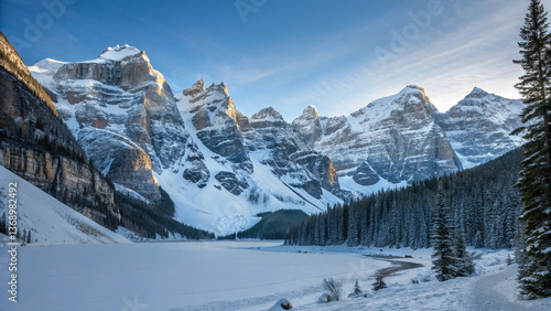 Wallpaper Mural Snow-Covered Mountain Peaks – A breathtaking winter landscape featuring towering mountains covered in fresh snow, with a clear blue sky overhead. Torontodigital.ca