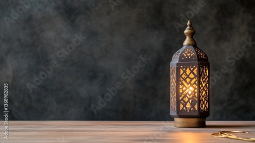 Decorative lantern casting warm light on wooden table against dark backdrop