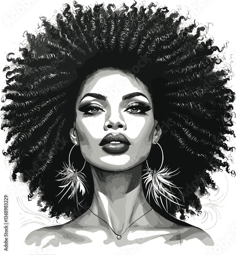 woman with a voluminous afro hairstyle and hoop earrings, exuding strength, beauty, and vintage artistic elegance sketch engraving generative ai PNG illustration. 