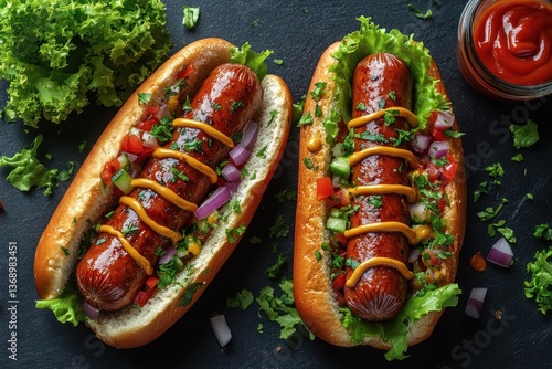 Delicious Gourmet Hot Dogs Topped with Mustard and Fresh Salad