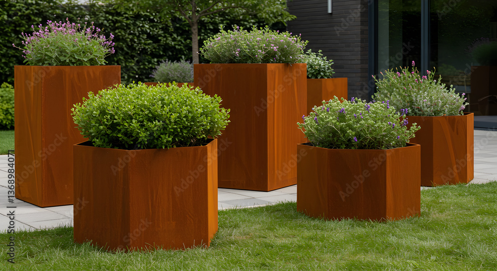 Fototapeta premium Stylish Corten Steel Garden Planters with Vibrant Greenery in Tranquil Setting