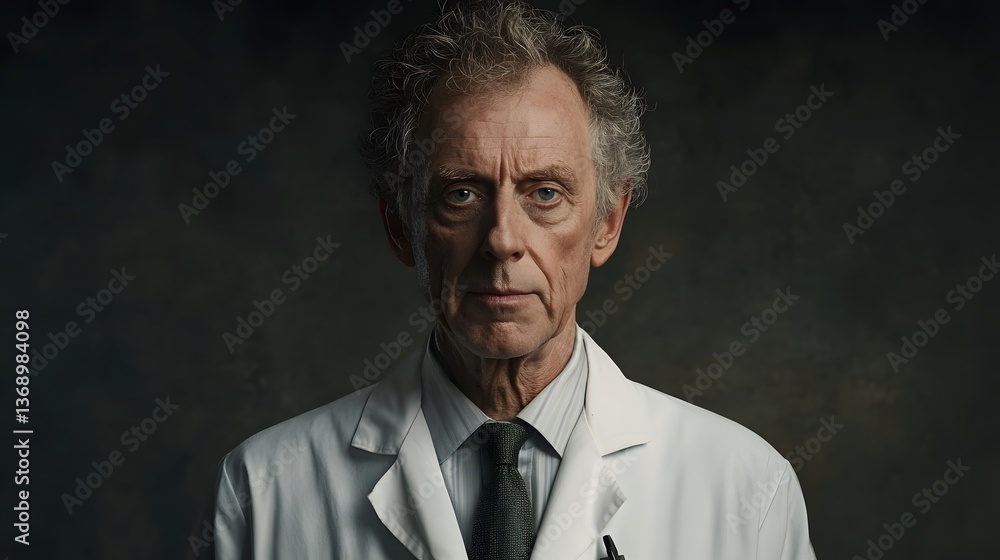 Expert scientist in a lab coat, gazing contemplatively in a dimly lit research facility at dusk Expert scientist in a lab coat, gazing contemplatively in a dimly lit research facility at dusk