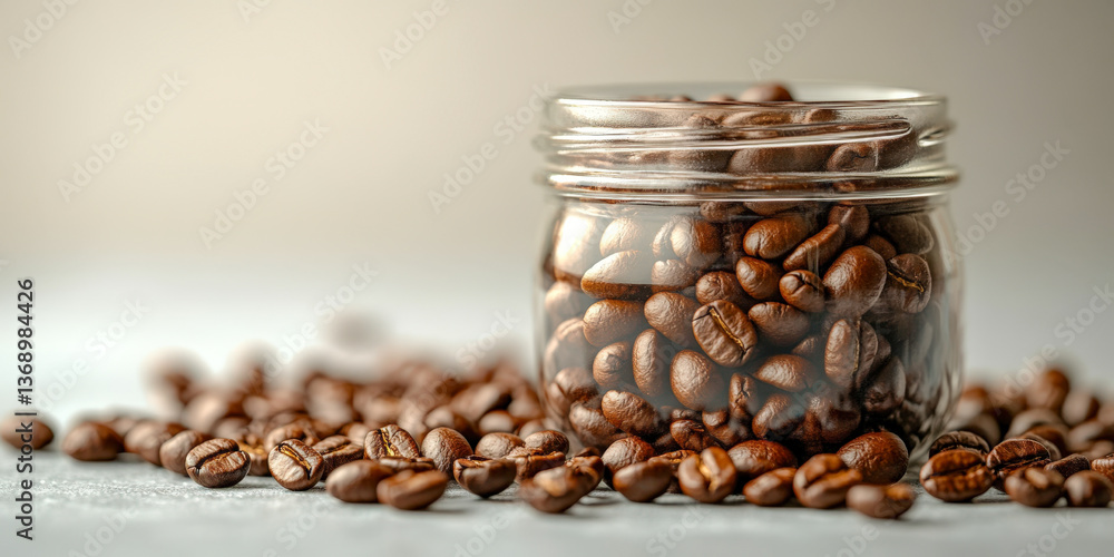 Glass jar filled with coffee beans surrounded by scattered beans on a light surface Glass jar filled with coffee beans surrounded by scattered beans on a light surface
