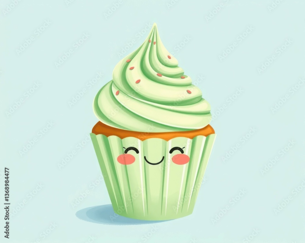 Cute animated cupcake with a smiling face and mint-green frosting. Perfect for children's illustrations, cartoons, and fun baking themes. Cute animated cupcake with a smiling face and mint-green frosting. Perfect for children's illustrations, cartoons, and fun baking themes.