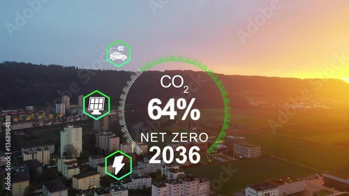 Net zero concept , carbon neutral concept. Net zero greenhouse gas emissions target. Climate neutral long term strategy2050. Net zero poligonal icons on Green forest landscape background. Corporate 4K