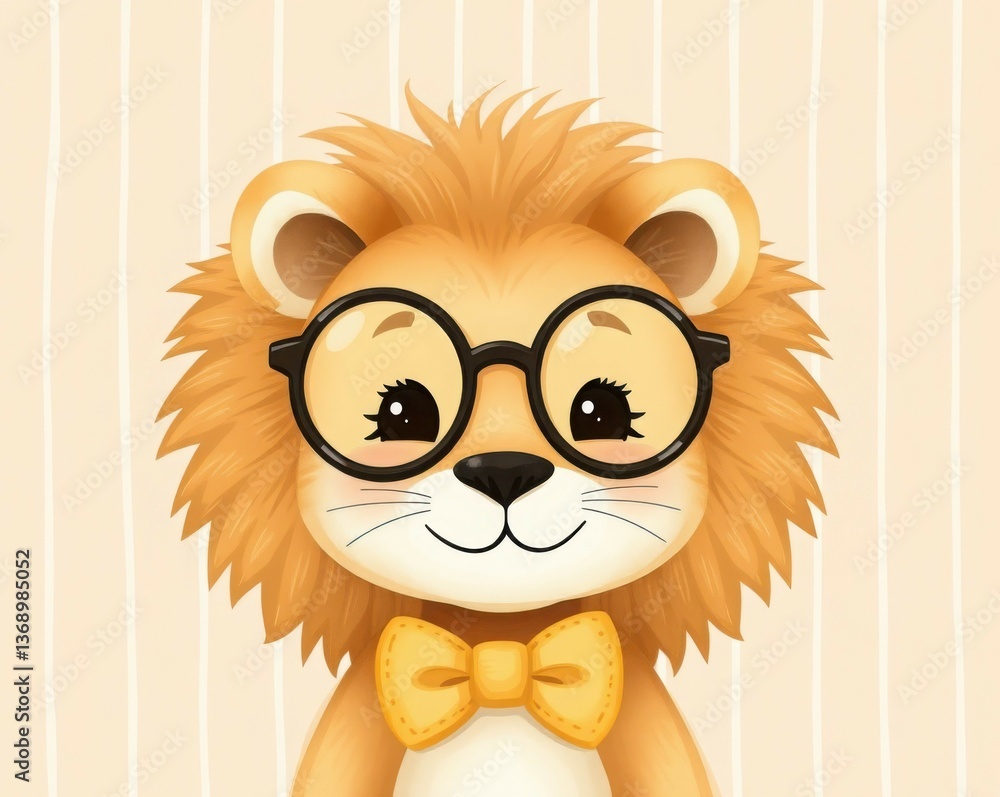 Obraz premium Adorable animated lion wearing glasses and a bow tie on a soft background. Ideal for children's illustrations, cartoons, and educational materials, perfect for sparking creativity!