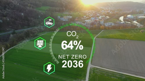 Net zero concept , carbon neutral concept. Net zero greenhouse gas emissions target. Climate neutral long term strategy2050. Net zero poligonal icons on Green forest landscape background. Corporate 4K